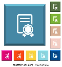 Certificate white icons on edged square buttons in various trendy colors