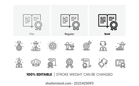 Certificado, taça vencedora, alvo do gol. Ícones de linha de êxito definidos. Recompensa, medalha com fita, ícones da coroa. Prêmio, pódio vencedor, primeiro lugar de sucesso. Estátua, diploma com certificado, desafio. Vetor