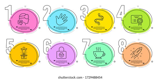 Certificate, Winner podium and Password encryption signs. Timeline steps infographic. Hand, Timeline and Coffee line icons set. Startup rocket, Augmented reality symbols. Swipe, Journey path. Vector