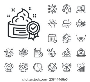 Certificated Skin or Face care sign. Online doctor, patient and medicine outline icons. Cream line icon. Gel or Lotion symbol. Cream line sign. Veins, nerves and cosmetic procedure icon. Vector