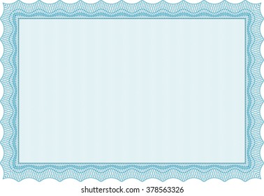 Certificatem diplmoa or award template. Design template. Money style design. With guilloche pattern. Light blue color.