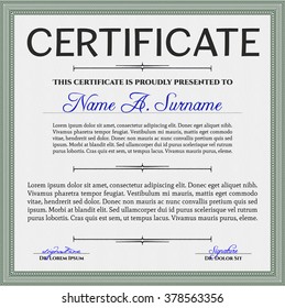 Certificatem diplmoa or award template. Design template. Money style design. With guilloche pattern. Green color.