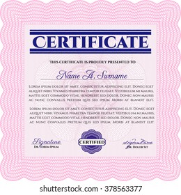 Zertifikatem-Diplome oder Verleihvorlage. Vorlage entwerfen. Geldstil-Design. Mit Guilloche-Muster. Rosa Farbe.
