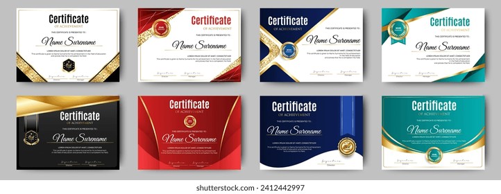 Certificates of achievement template with luxury badge. Eight choice of certificates For award, business, and education needs. Diploma vector template