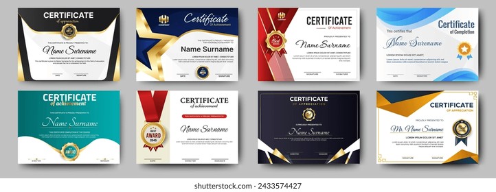 Certificates of achievement template with luxury badge. Eight choice of certificates For award, business, and education needs. Diploma vector template	