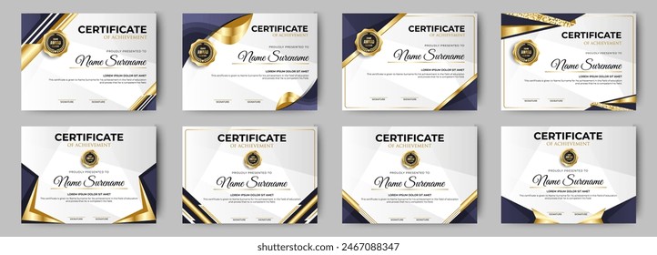 Certificates of achievement template with luxury badge. Eight choice of certificates For award, business, and education needs. Diploma vector template