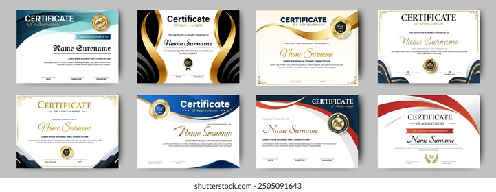 Certificates of achievement template with luxury badge. Eight choice of certificates For award, business, and education needs. Diploma vector template