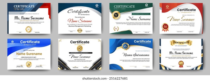 Certificates of achievement template with luxury badge. Eight choice of certificates For award, business, and education needs. Diploma vector template	