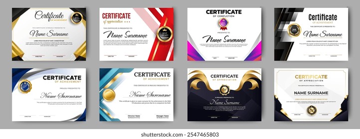 Certificates of achievement template with luxury badge. Eight choice of certificates For award, business, and education needs. Diploma vector template