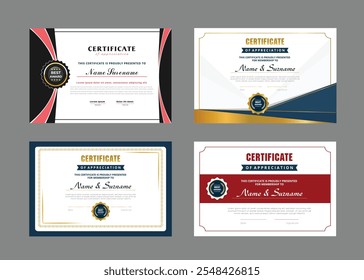 Certificates of achievement template with luxury badge. Four choice of certificates For award, business, and education needs. Diploma vector template