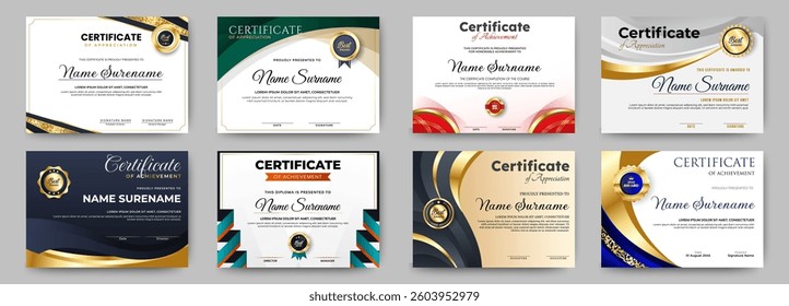 Certificates of achievement template with luxury badge. Eight choice of certificates For award, business, and education needs. Diploma vector template