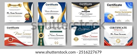 Certificates of achievement template with luxury badge. Eight choice of certificates For award, business, and education needs. Diploma vector template