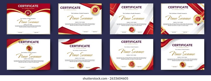 Certificates of achievement template with red shapes background and luxury badge. Eight choice of certificates For award, business, and education needs. Diploma vector template