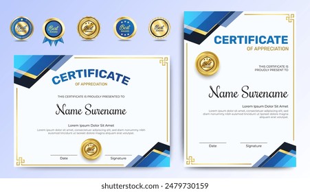 Certificates of appreciation template design with luxury badge. For award, business, and education needs. Diploma vector template
