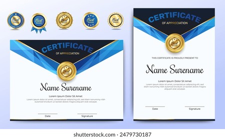Certificados de apreciación Diseño de Plantilla con insignia de lujo. Para premios, negocios y necesidades educativas. Diploma de Plantilla de Vector
