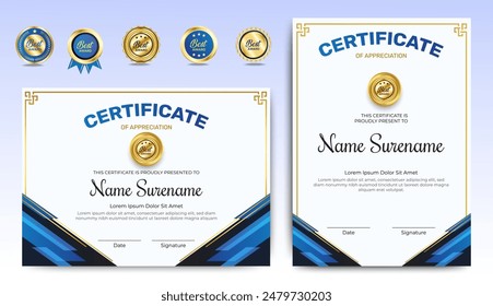 Certificates of appreciation template design with luxury badge. For award, business, and education needs. Diploma vector template
