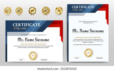 Certificates of appreciation template design with luxury badge. For award, business, and education needs. Diploma vector template