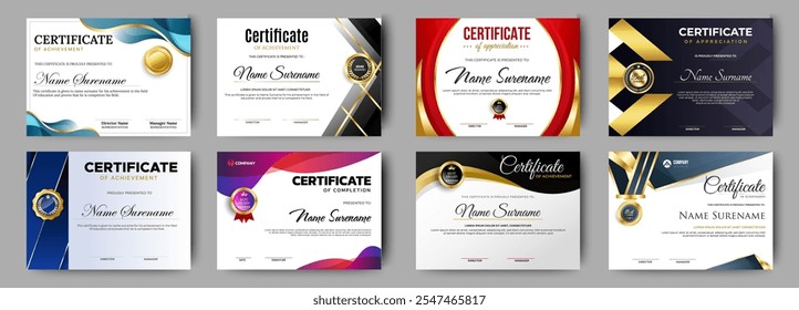 Certificates of appreciation templates. Clean modern certificate with gold badge. Certificate border template with luxury and modern line pattern. Diploma vector template