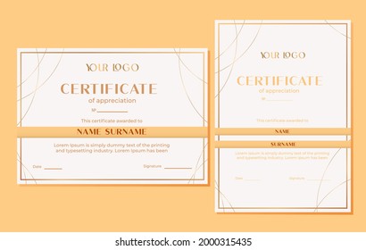 Certificates of appreciation vertical, horizontal. Vector templates. Elegant design. Golden colors. Education concept. 