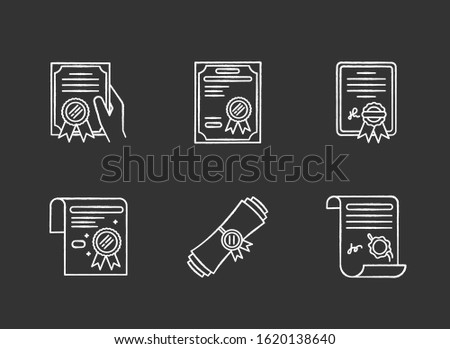 Certificates chalk white icons set on black background. Apostille and legalization. Diploma. Notarized document. License. Achivement. Award. Notary services. Isolated vector chalkboard illustrations