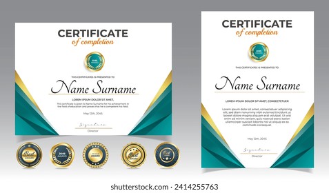 Plantilla de certificados de finalización con distintivo de lujo y líneas y formas modernas. Certificado horizontal Para las necesidades de premios, negocios y educación. Plantilla vectorial de Diploma