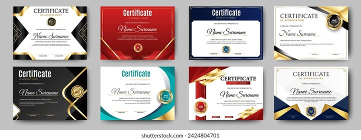 Certificates of completion template with luxury badge and modern line and shapes. Horizontal certificate For award, business, and education needs. Diploma vector template