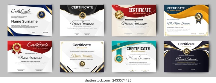 Plantilla de certificados de finalización con insignia de lujo y líneas y formas modernas. Certificado horizontal Para las necesidades de premios, negocios y educación. Plantilla de vector de diploma