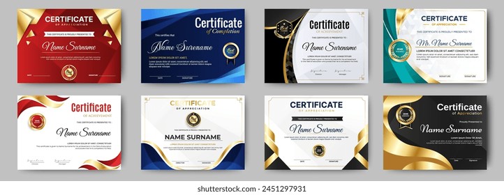 Certificates of completion template with luxury badge and modern line and shapes. Horizontal certificate For award, business, and education needs. Diploma vector template