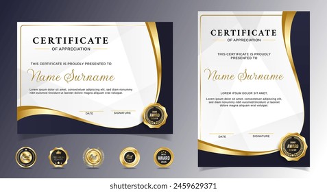 Certificates of completion template with luxury badge and modern line and shapes. Horizontal certificate For award, business, and education needs. Diploma vector template