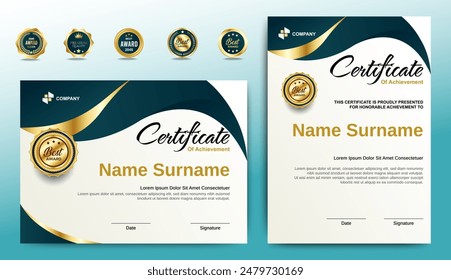 Certificates of completion template with luxury badge and modern line and shapes. Horizontal certificate For award, business, and education needs. Diploma vector template