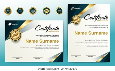 Certificates of completion template with luxury badge and modern line and shapes. Horizontal certificate For award, business, and education needs. Diploma vector template