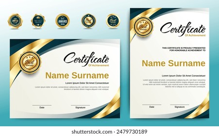 Certificates of completion template with luxury badge and modern line and shapes. Horizontal certificate For award, business, and education needs. Diploma vector template