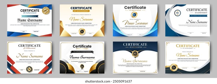 Certificates of completion template with luxury badge and modern line and shapes. Horizontal certificate For award, business, and education needs. Diploma vector template