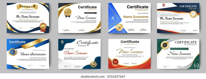 Certificados de modelo de conclusão com crachá de luxo e linhas e formas modernas. Certificado horizontal Para necessidades de premiação, negócios e educação. Modelo de vetor de diploma
