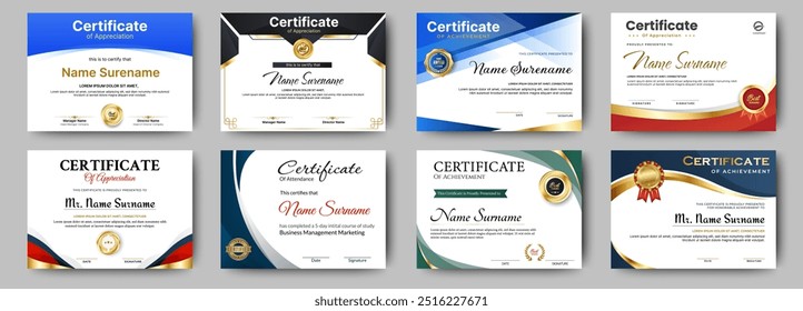 Certificates of completion template with luxury badge and modern line and shapes. Horizontal certificate For award, business, and education needs. Diploma vector template