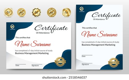 Certificates of completion template with luxury badge and modern line and shapes. Horizontal certificate For award, business, and education needs. Diploma vector template