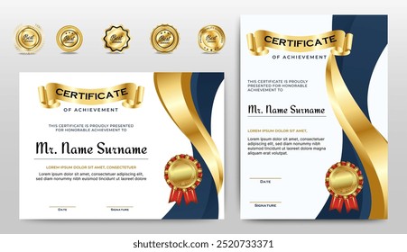 Certificados de Plantilla de finalización con distintivo de lujo y línea moderna y Formas. Certificado Horizontal Para las necesidades de premios, negocios y educación. Diploma Vector Plantilla