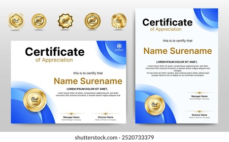 Certificates of completion template with luxury badge and modern line and shapes. Horizontal certificate For award, business, and education needs. Diploma vector template