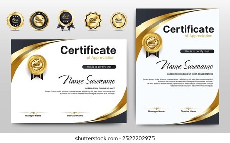 Certificados de Plantilla de finalización con distintivo de lujo y línea moderna y Formas. Certificado Horizontal Para las necesidades de premios, negocios y educación. Diploma Vector Plantilla