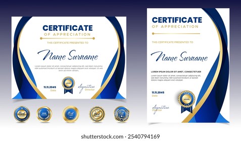 Certificados de Plantilla de finalización con distintivo de lujo y línea moderna y Formas. Certificado Horizontal Para las necesidades de premios, negocios y educación. Diploma Vector Plantilla