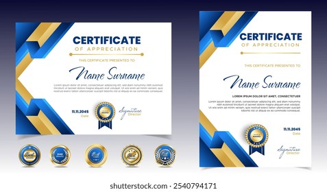 Certificados de Plantilla de finalización con distintivo de lujo y línea moderna y Formas. Certificado Horizontal Para las necesidades de premios, negocios y educación. Diploma Vector Plantilla