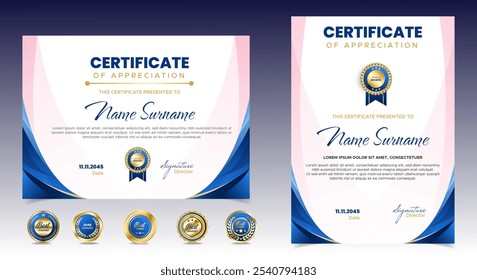 Certificates of completion template with luxury badge and modern line and shapes. Horizontal certificate For award, business, and education needs. Diploma vector template