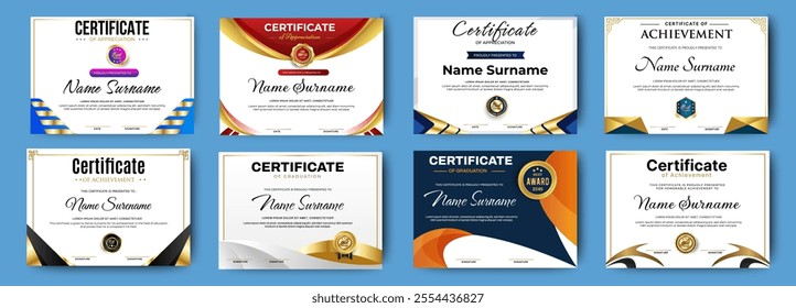 Certificates of completion template with luxury badge and modern line and shapes. Horizontal certificate For award, business, and education needs. Diploma vector template