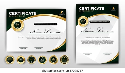 Certificados de Plantilla de finalización con distintivo de lujo y línea moderna y Formas. Certificado Horizontal Para las necesidades de premios, negocios y educación. Diploma Vector Plantilla