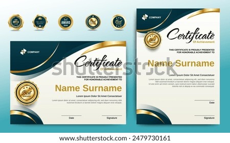 Certificates of completion template with luxury badge and modern line and shapes. Horizontal certificate For award, business, and education needs. Diploma vector template