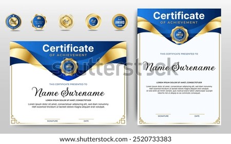 Certificates of completion template with luxury badge and modern line and shapes. Horizontal certificate For award, business, and education needs. Diploma vector template