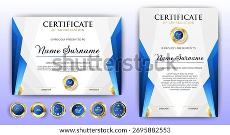 Certificates of completion template with luxury badge and modern line and shapes. Horizontal certificate For award, business, and education needs. Diploma vector template
