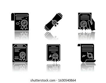 Certificates drop shadow black glyph icons set. Apostille and legalization. Diploma. Notarized document. License. Education. Award. Notary services. Isolated vector illustrations on white space