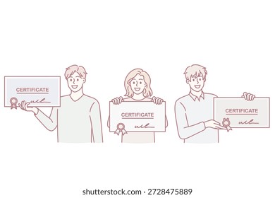Zeugnisse und Ausbildungsabschlusskonzept. Gruppe von lächelnden positiven Menschen Absolventen stehen mit bunten offiziellen Zertifikaten mit Briefmarken in Händen Vektorgrafik