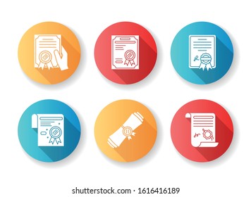 Certificates flat design long shadow glyph icons set. Apostille and legalization. Diploma. Legal document. License. Education. Achivement. Award. Notary services. Silhouette RGB color illustration